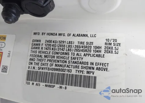 2021 Honda Passport Awd Elite z USA, uszkodzony, nr VIN 5FNYF8H09MB002163